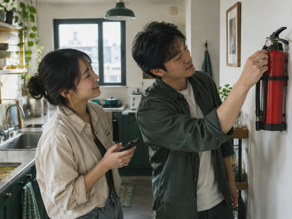 A young couple in their apartment kitchen checking a wall-mounted fire extinguisher