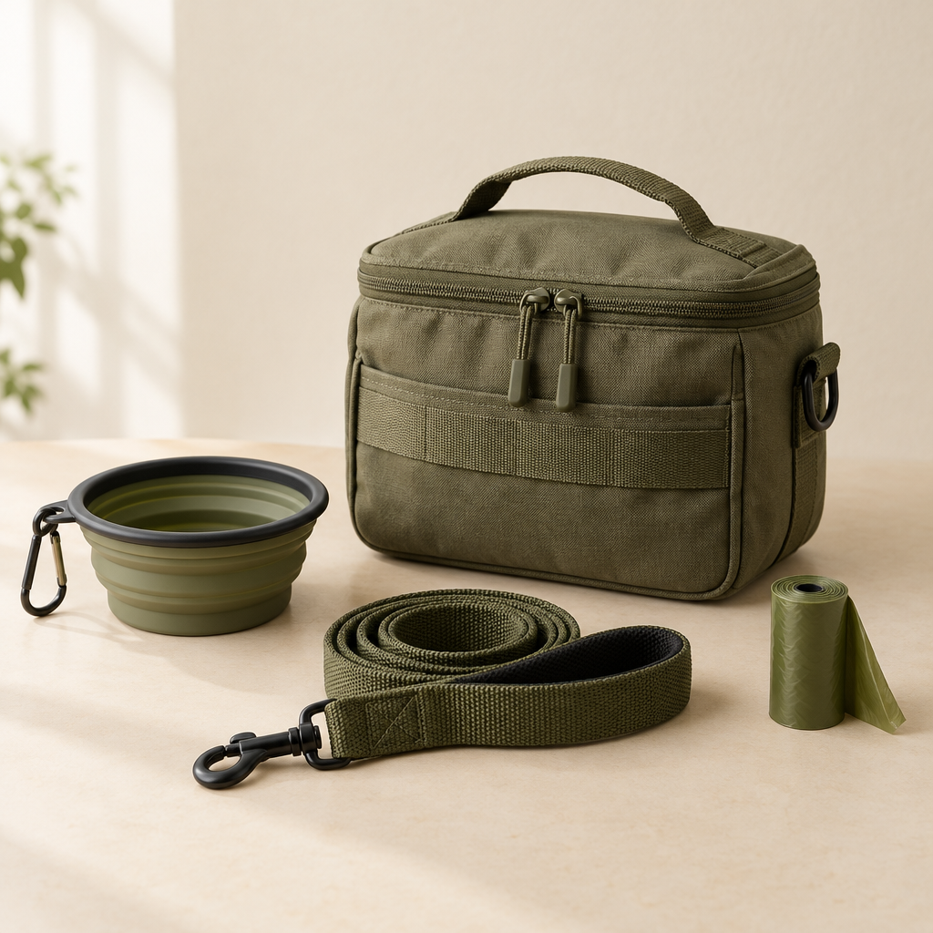 Pet go-bag with food, bowl and leash