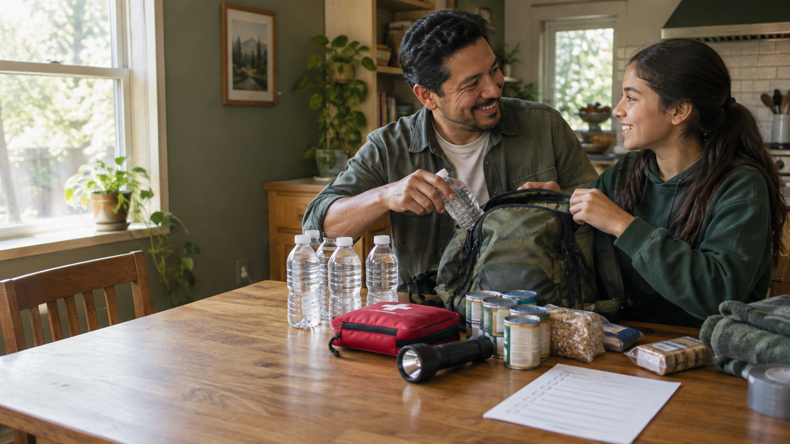 A parent and teenager packing an emergency kit at the kitchen table