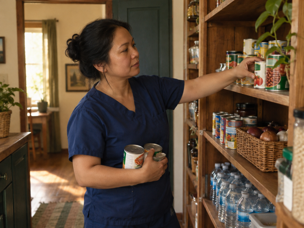 A woman in scrubs restocking canned food and water on pantry shelves