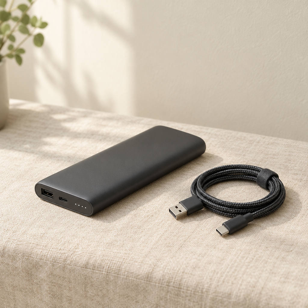 Black 20,000 mAh power bank with a charging cable