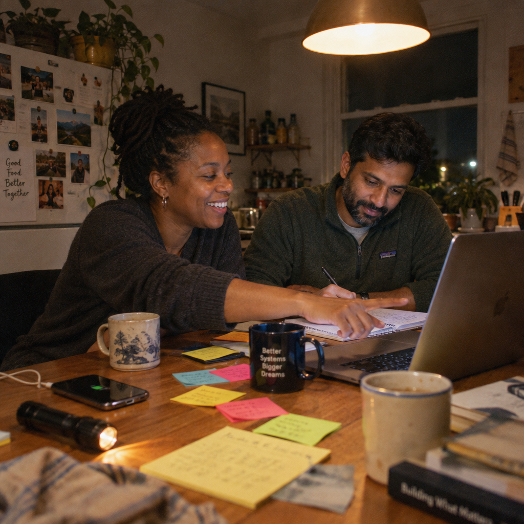 The two ReadyHome founders working at a kitchen table