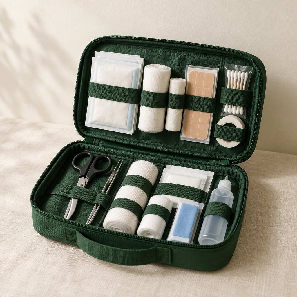 Open green first aid case with bandages, scissors and supplies
