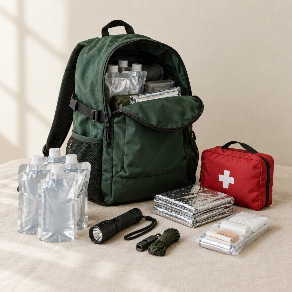 Green backpack emergency kit with water pouches, flashlight, blankets and first aid kit