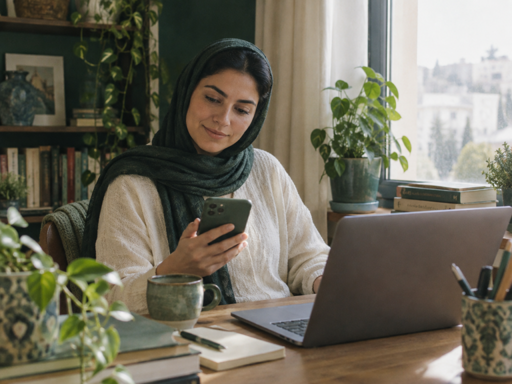 A woman at her desk smiling at her phone next to a laptop