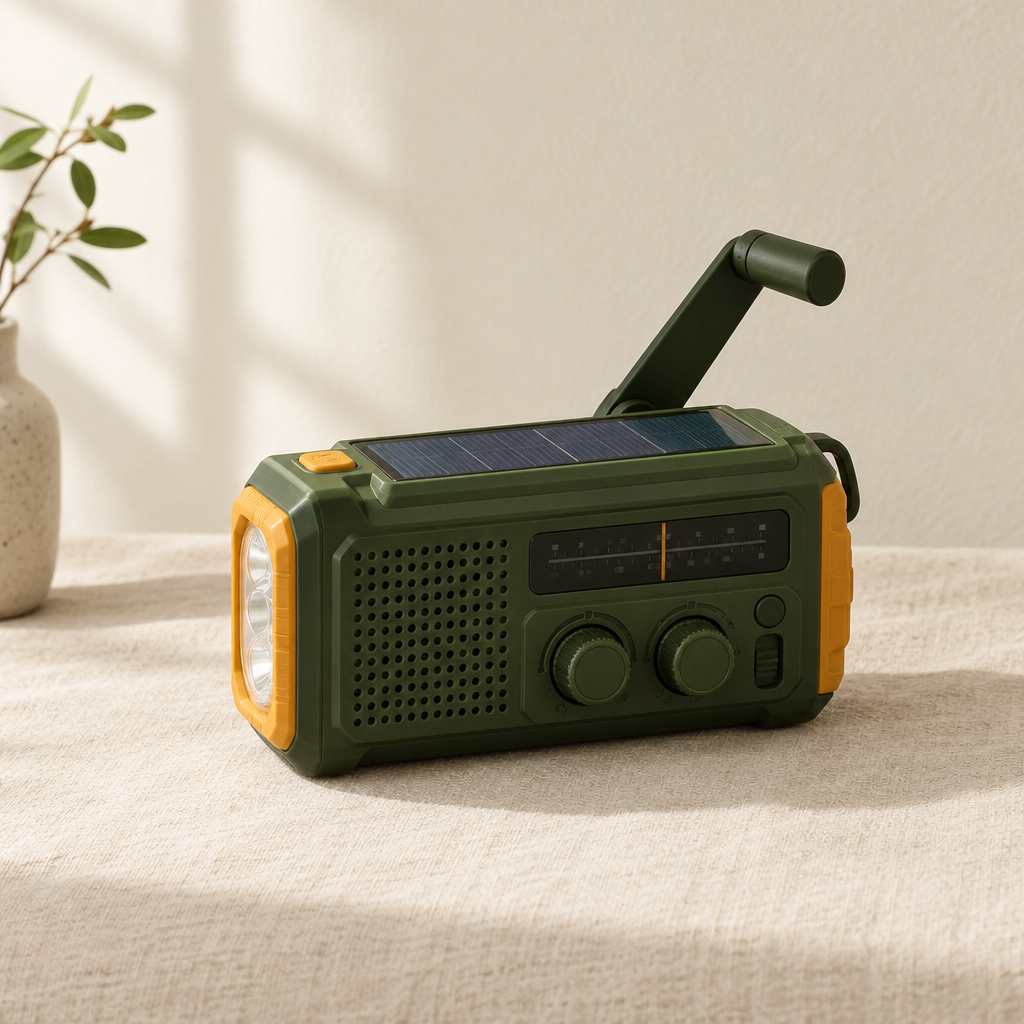 Green and orange hand-crank emergency weather radio with solar panel