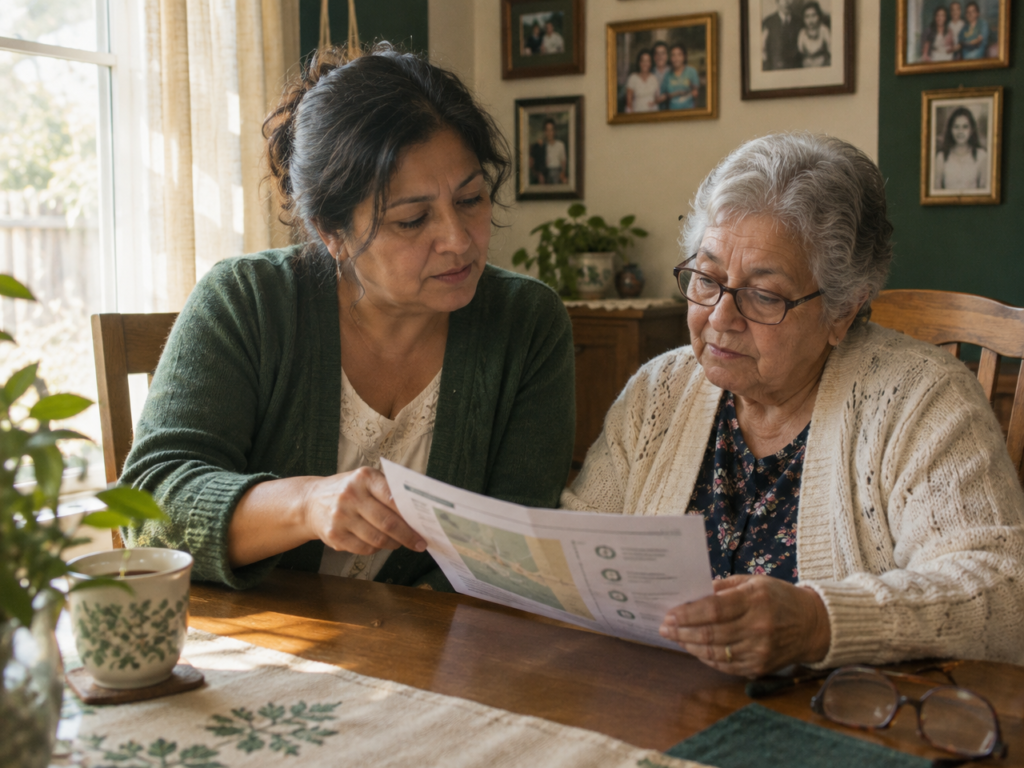 A woman and her elderly mother reading a printed family emergency plan at the dining table